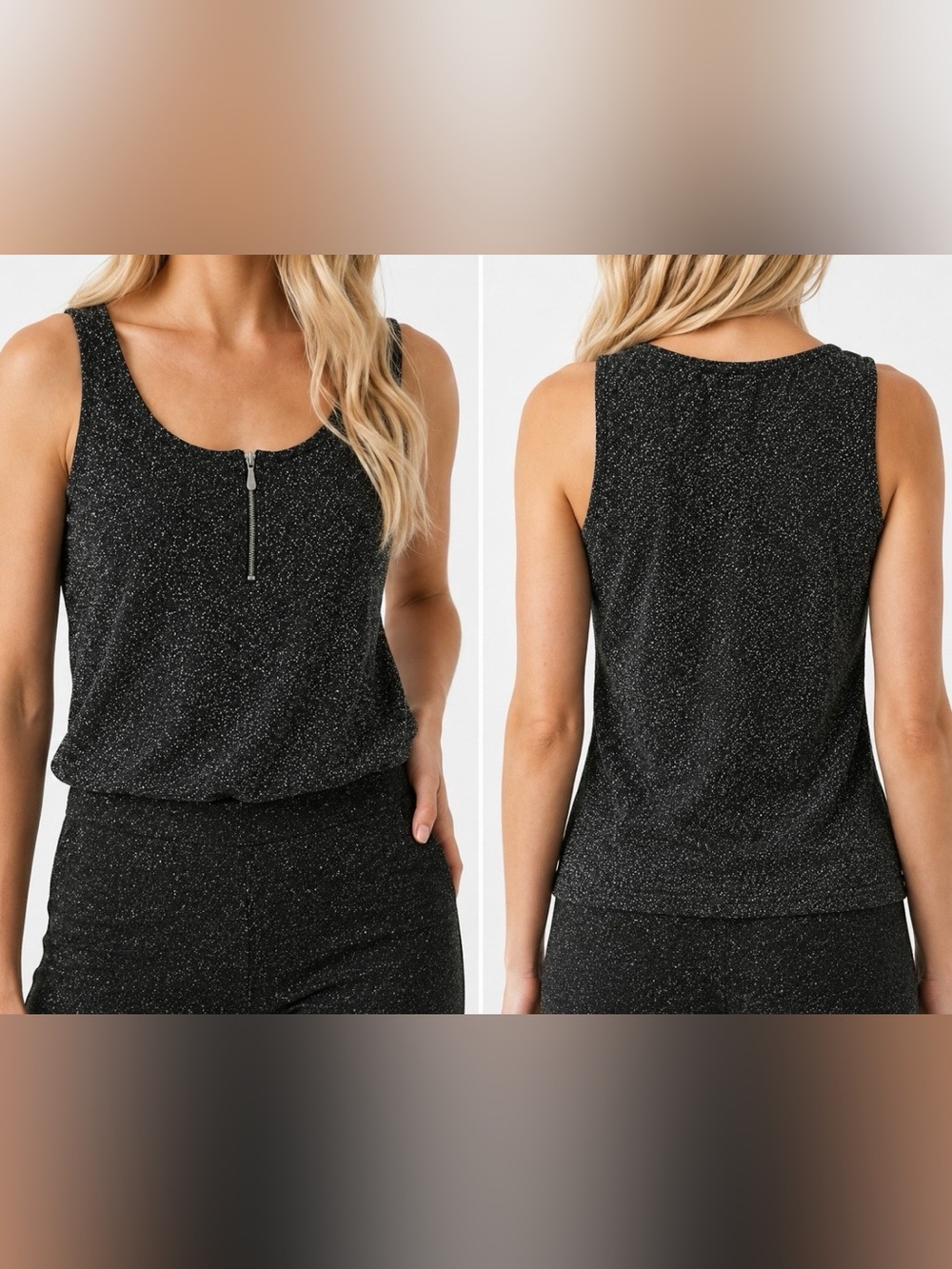 NYGARD COLLECTION DESIGNER Women's Black Sparkle Tank Top with Front Zip NWT